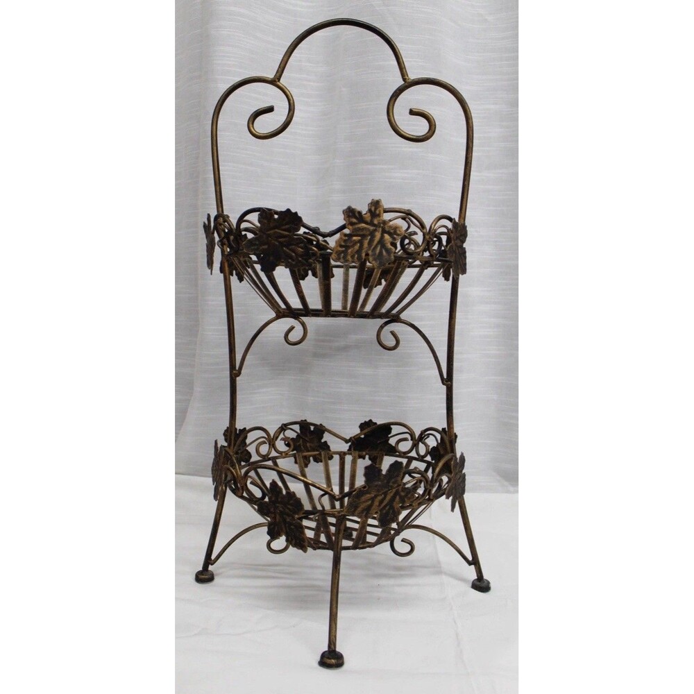 Vtg 27” Wrought Iron 2 Tier Leaf Scroll Stand Fruit Basket Plant Holder Rustic